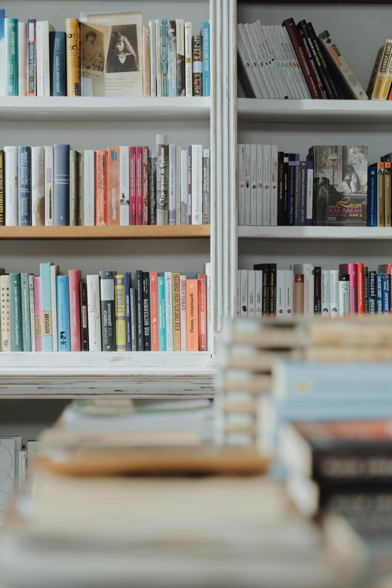 Colorful books on a library shelf with stacks in the foreground, perfect for reading and education enthusiasts.